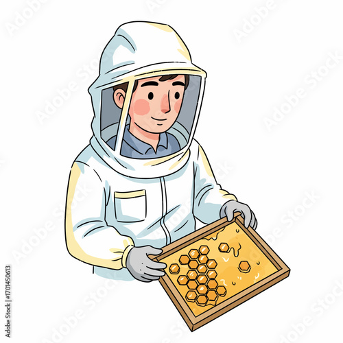 Beekeeper Inspecting Honeycomb Frame A Detailed Illustration