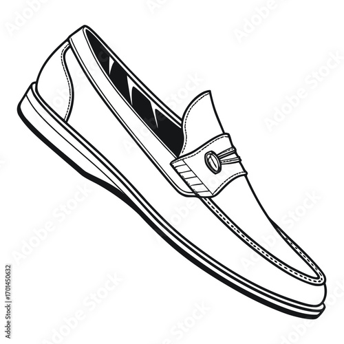 A detailed black and white line drawing illustration of a classic penny loafer shoe showcasing its elegant design and sophisticated style perfect for fashion and footwear concepts