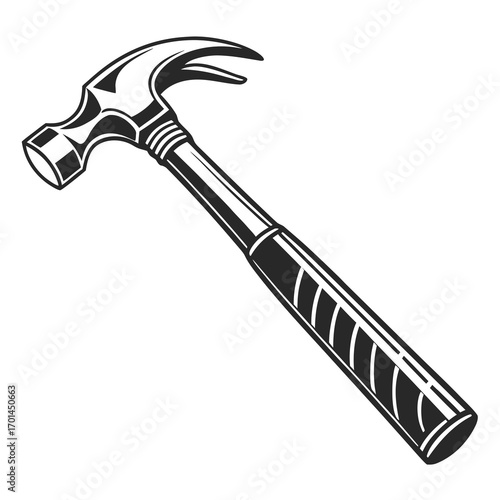 A classic claw hammer with a black handle and metal head depicted in a simple bold black and white graphic illustration style isolated on a clean white background suitable for various design projects