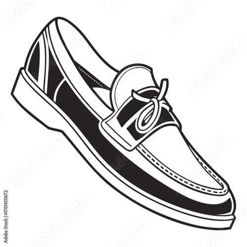 Classic black and white illustration of a single boat shoe a slip on loafer style footwear with decorative laces and stitching isolated on a white background