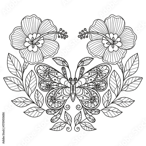 Hibiscus and butterfly hand drawn for adult coloring book
