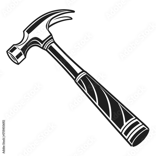 A stylized black and white illustration of a claw hammer a common hand tool used for driving nails and prying them out presented in a clean graphic design style