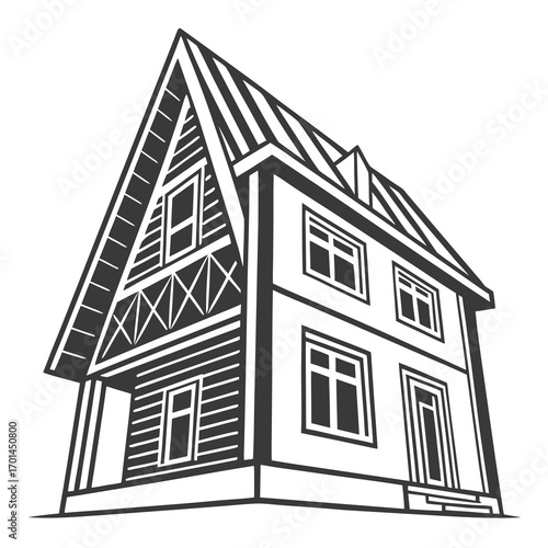 Stylized black and white illustration of a two story house with a prominent gable roof and detailed siding presented from a low angle perspective against a clean white background