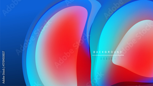 Abstract fluid shapes overlap, creating vibrant color gradients. Blue, red, cyan blend into dark background. Modern design element.