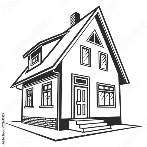 A black and white illustration of a detached house with a pitched roof dormer window chimney and a front door with steps rendered in a clean graphic style
