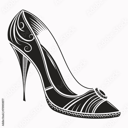 Elegant black and white illustration of a high heel shoe with intricate decorative swirls and a jeweled accent on the toe perfect for fashion and design concepts