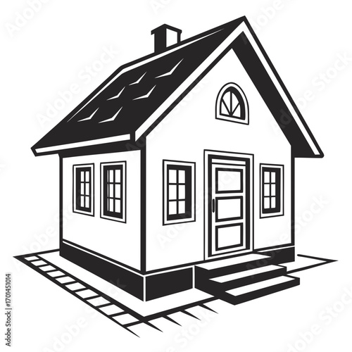 A stylized black and white illustration of a detached residential house with a pitched roof a chimney multiple windows a front door with steps and a foundation outline on a white background
