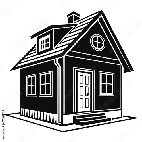 A simple black and white illustration of a detached house with a pitched roof chimney dormer window and front door with steps representing homeownership and real estate
