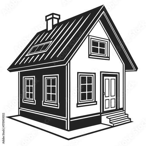 A simple stylized black and white illustration of a detached house with a pitched roof chimney multiple windows and a front door with steps suitable for architectural or real estate concepts