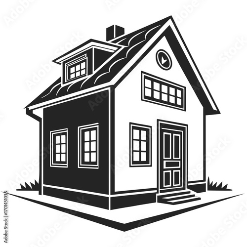 A classic black and white illustration of a detached house with a dormer window chimney multiple panes of glass in windows and a front door with steps representing home ownership and real estate