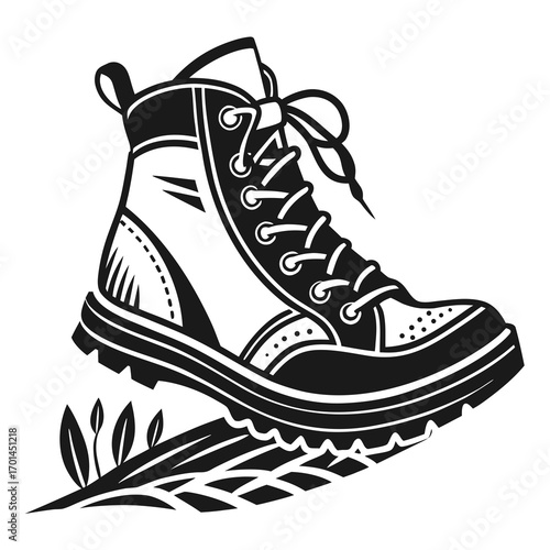 A stylized black and white graphic illustration of a sturdy hiking boot with laces tied and a textured sole stepping onto a patch of grass with visible tire tracks