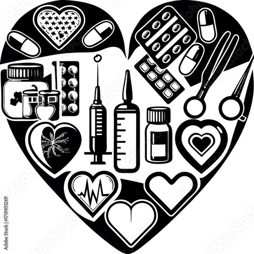 Black and white medical symbols heart shape vector
