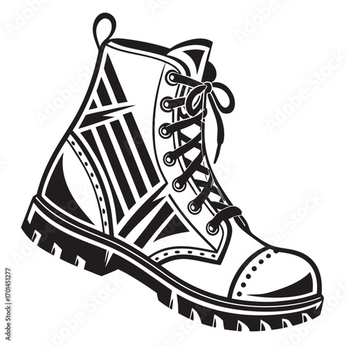 A striking black and white graphic illustration of a single lace up combat boot featuring bold geometric patterns and a thick lug sole presented in a clean isolated vector art style