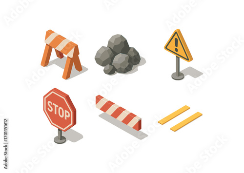 isometric icon items isolated on white background obstacle road rock pile caution sign stop barrier lines