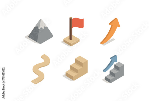 isometric icon items isolated on white background challenge mountain peak flag icon arrow rise path climb step