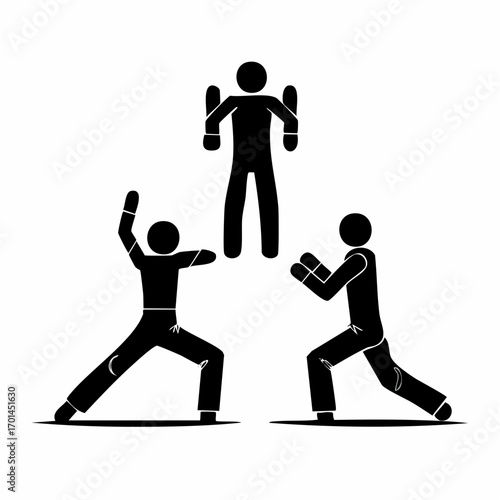 The Art of Harmony: A minimalist illustration captures the essence of teamwork, showcasing three individuals united in dynamic action.