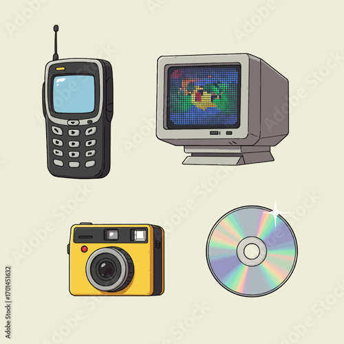 Vintage Technology Icons: Phone, Monitor, Camera, CD