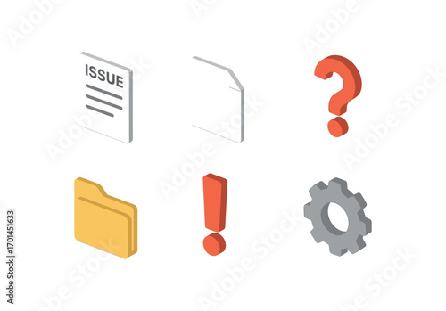isometric icon items isolated on white background issue paper sheet question folder icon exclamation sign gear
