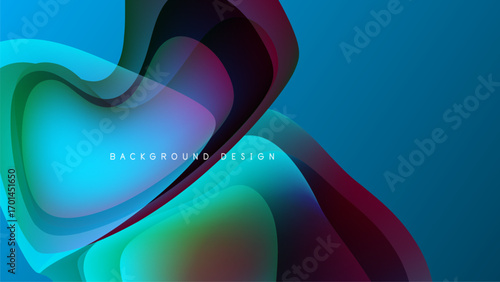 Abstract fluid shapes overlap, creating vibrant color gradients. Dark background emphasizes bright blues, purples, greens. Modern design element.
