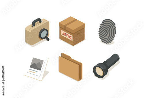 isometric icon items isolated on white background case investigation evidence box fingerprint photo page folder icon torch light