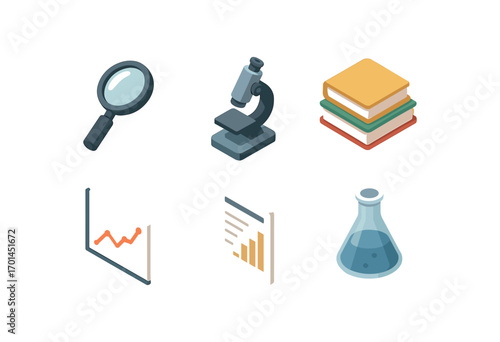isometric icon items isolated on white background research microscope tool book stack chart lines data sheet lab flask
