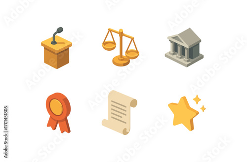 isometric icon items isolated on white background governance balance scale building icon ribbon scroll page glow