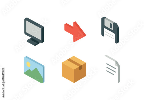 isometric icon items isolated on white background digital capture screen grab arrow icon save image box file line