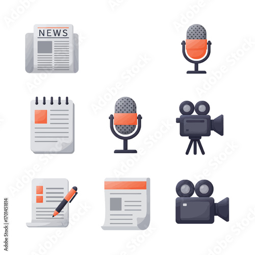 News Media Icons: Newspaper, Microphone, Camera, and Writing