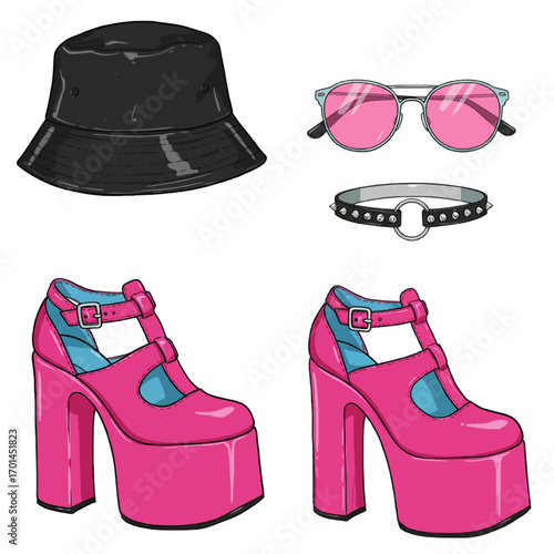 Pink Platform Heels Bucket Hat Sunglasses Choker Set