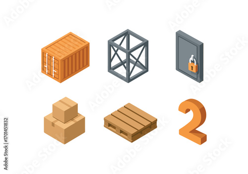 isometric icon items isolated on white background cargo container steel frame lock door stacked pile dock base number