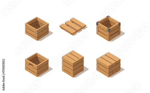 isometric icon items isolated on white background crate wooden slats nail joints reinforced edge handle hole stacked form