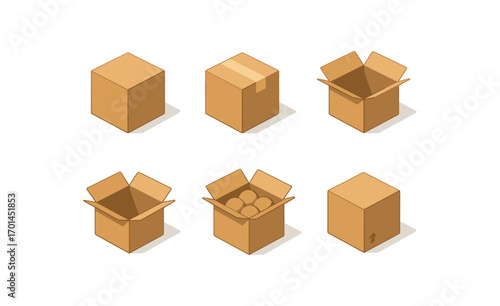 isometric icon items isolated on white background cardboard box taped seal flat sides shipping open flap packed fill