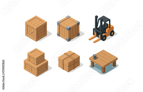isometric icon items isolated on white background cargo crate steel corners forklift slot stacked load rope ties dock