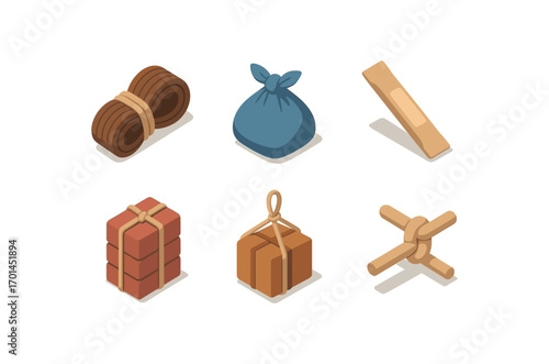 isometric icon items isolated on white background bundle rope tie cloth wrap stick pack carried load knot edge