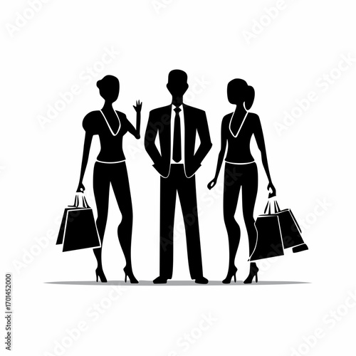 Shopping Trio's Fashion Statement: Three silhouetted figures, a gentleman and two women, brandishing shopping bags, epitomize the allure of fashion and retail, representing shopping experiences. 