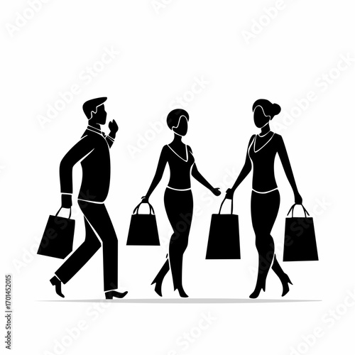 Retail Reverie: A trio of fashion-forward individuals strides confidently, their silhouettes forming a graphic, monochrome representation of a modern shopping spree.