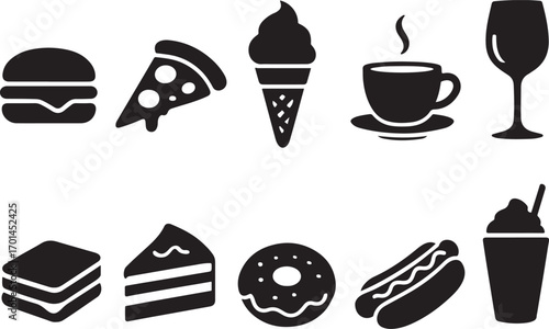Collection of delicious fast food and sweet treats icons representing burgers pizza ice cream coffee wine cake donut hot dog and smoothie silhouette