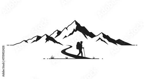 a lone hiker ascends towards majestic mountain peaks under clear sky