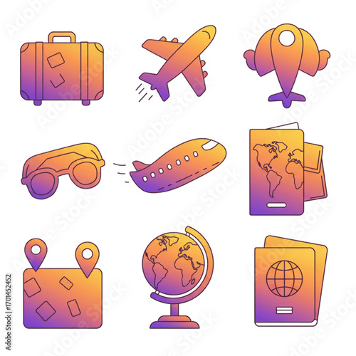 Travel Icons Collection: Luggage, Planes, Globe, Passports
