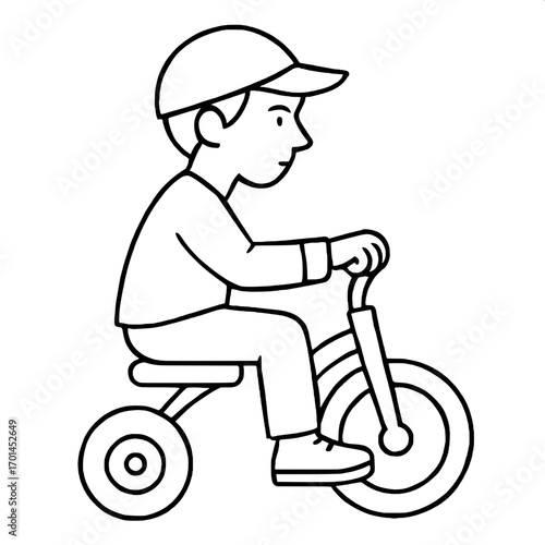 Profile view: child in pants and shirt on a tricycle, baseball cap forward, clean line drawing.