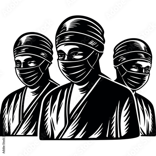 Healthcare workers in surgical caps and masks medical