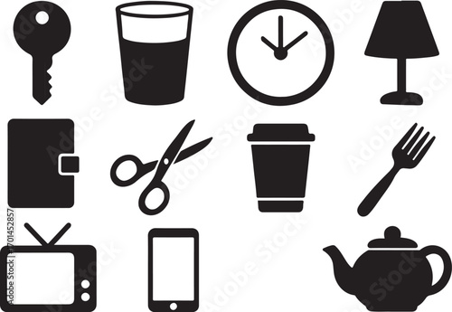 Collection of everyday icons and symbols represents common household objects and daily life essentials for digital design and concepts silhouette