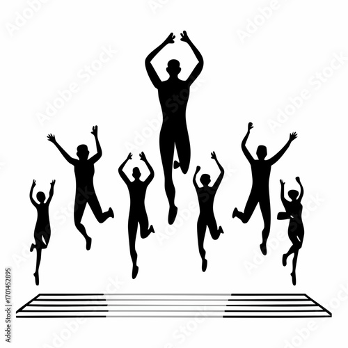 Jumping for Joy Silhouette: A dynamic depiction of a diverse group of individuals, leaping joyfully in perfect unison against an elegant, stark backdrop.