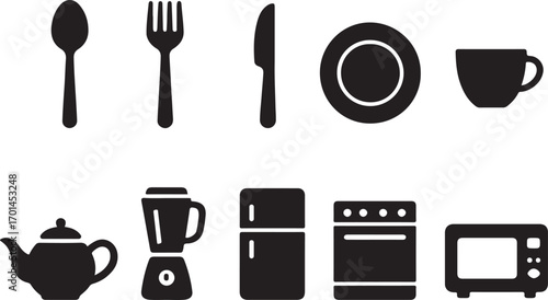 Collection of essential kitchen utensils and appliances icons graphic elements for cooking and home design silhouette