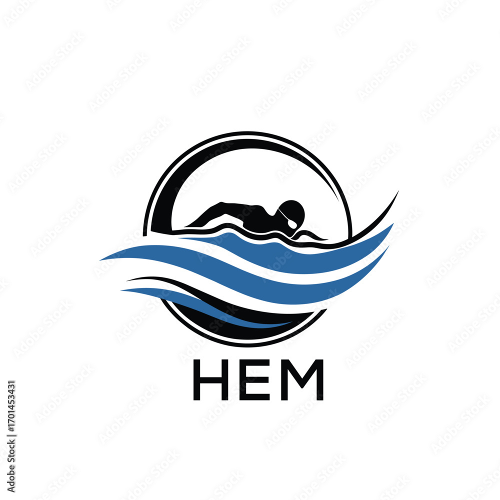 Fototapeta premium HEM Swimming Company logo. HEM Water Sports logo design for entrepreneur and business. HEM Training Branding best icon. 