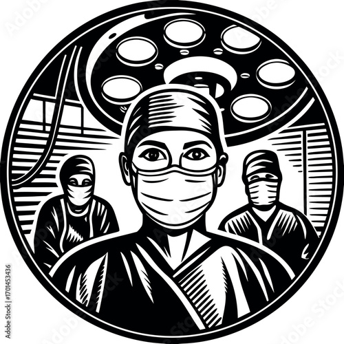 Surgeons masked and gowned under bright surgical lights operating room