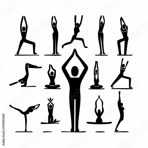 Yoga Pose Silhouette: Dynamic silhouettes of various yoga poses, representing the grace and strength inherent in the practice of yoga, inspiring serenity, meditation, and mindfulness.