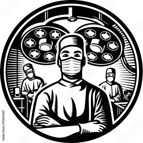 Surgeons masked in operating room with lights medical healthcare