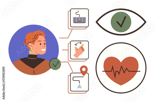 Person next to interaction icons thumbs up keyboard, gesture control, location, vision check, and heart health. Ideal for inclusion, accessibility, user experience, health tech smart design