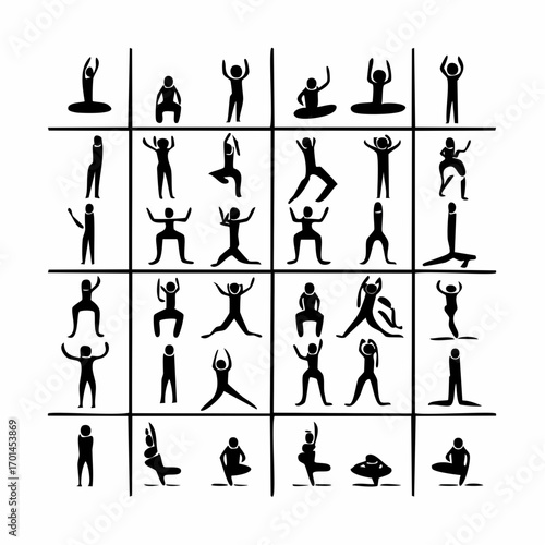 Yoga poses and postures illustrations: A simple, graphic grid showcases a variety of yoga poses. Each pose is depicted with clean lines and forms a visual guide to yoga practice.